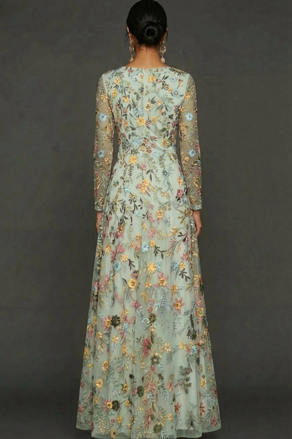 Mauve Floral A Line Embroidered Maxi Prom Dress with Sleeves