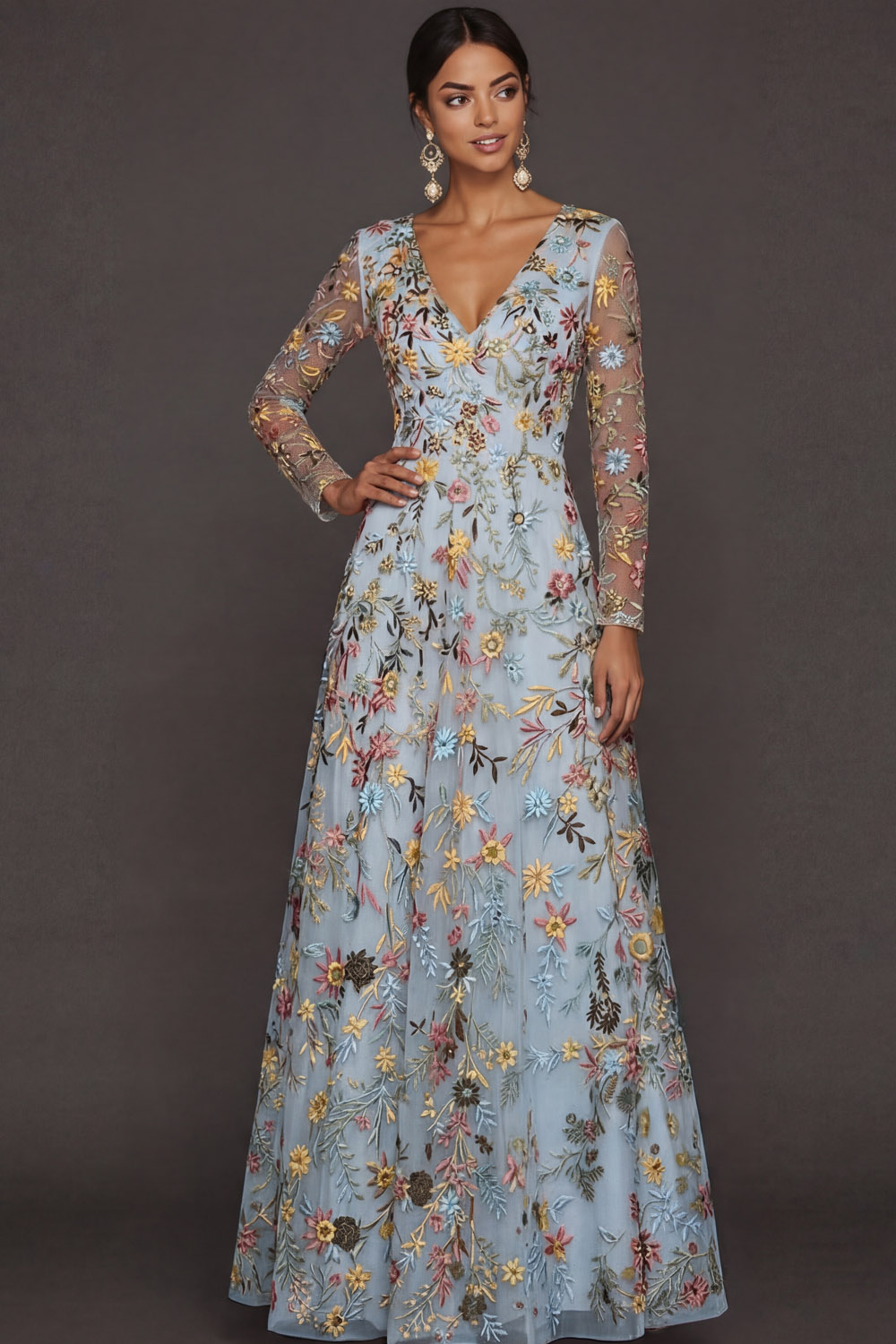 Mauve Floral A Line Embroidered Maxi Prom Dress with Sleeves
