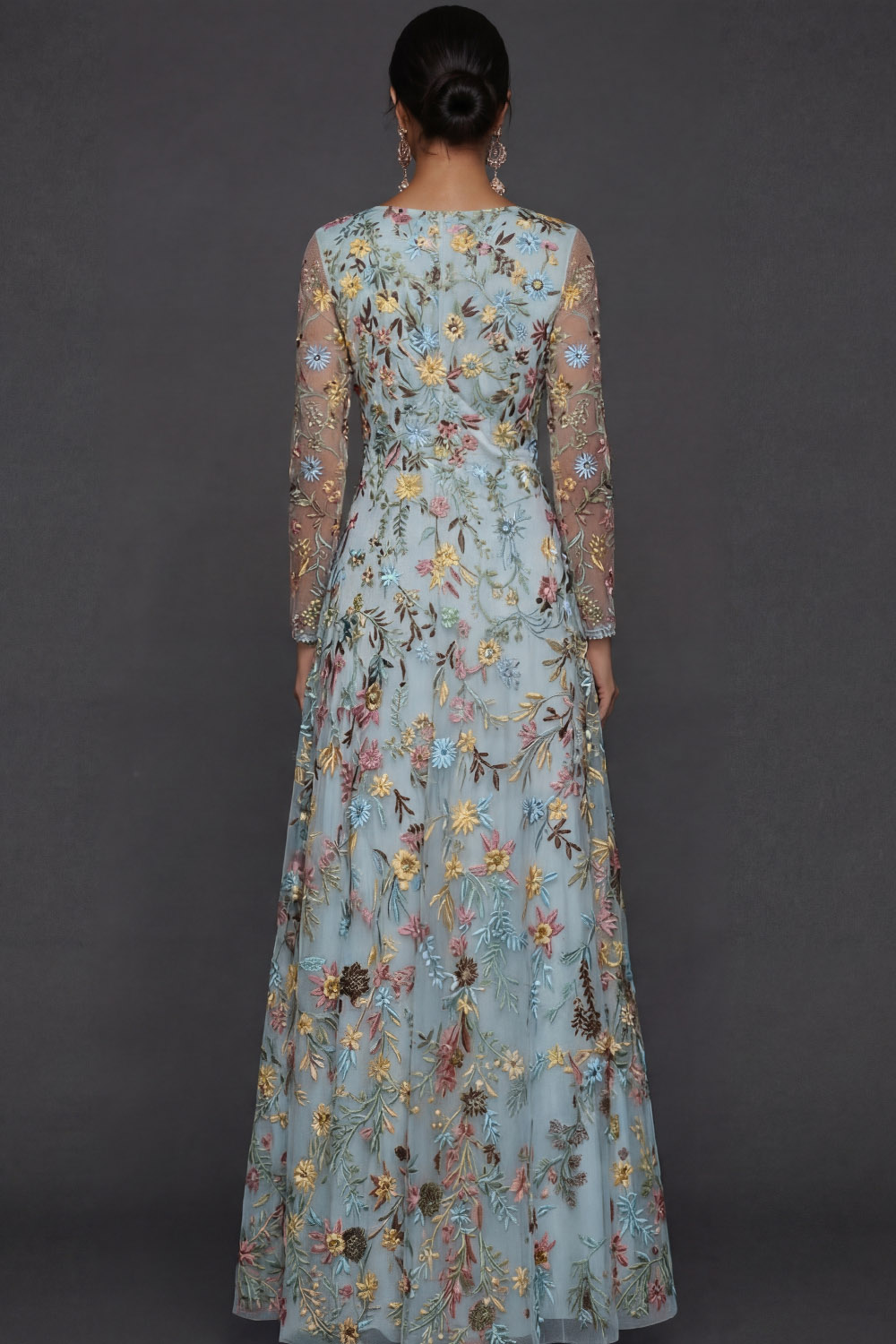 Mauve Floral A Line Embroidered Maxi Prom Dress with Sleeves