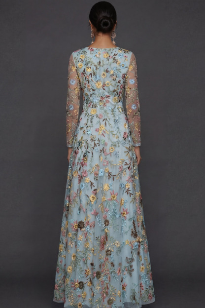 Mauve Floral A Line Embroidered Maxi Prom Dress with Sleeves
