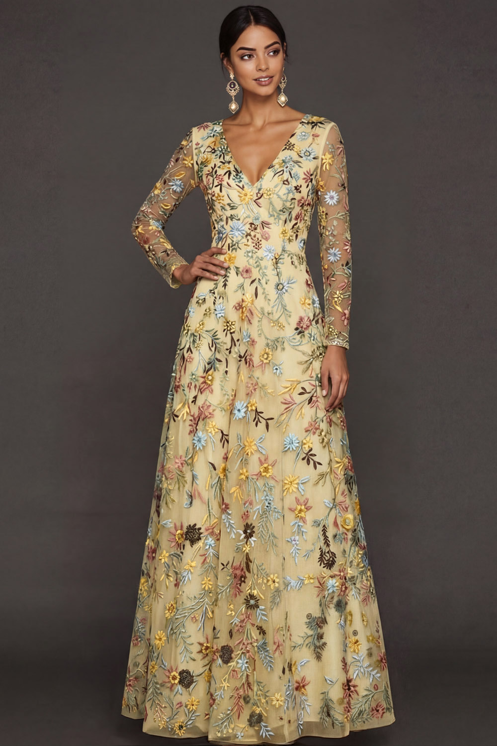 Mauve Floral A Line Embroidered Maxi Prom Dress with Sleeves