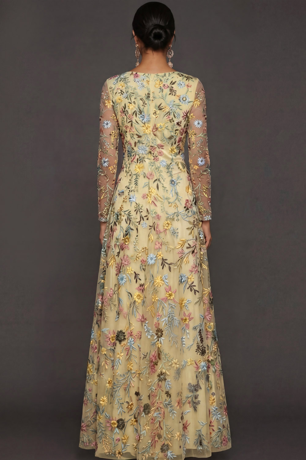 Mauve Floral A Line Embroidered Maxi Prom Dress with Sleeves