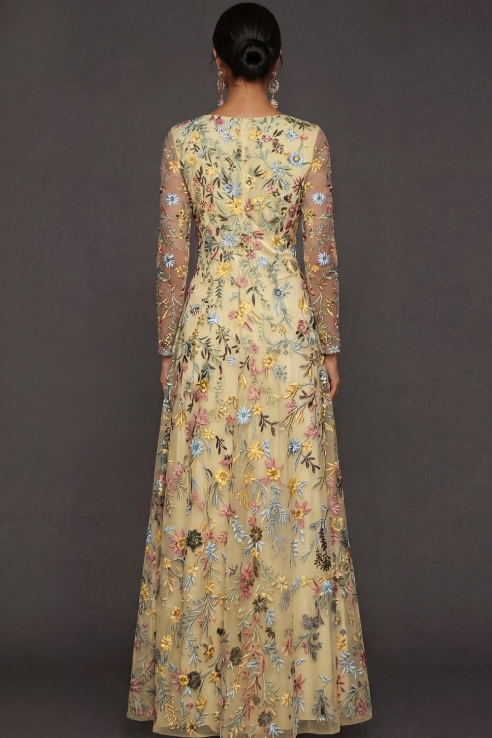 Mauve Floral A Line Embroidered Maxi Prom Dress with Sleeves