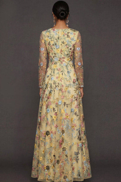 Mauve Floral A Line Embroidered Maxi Prom Dress with Sleeves