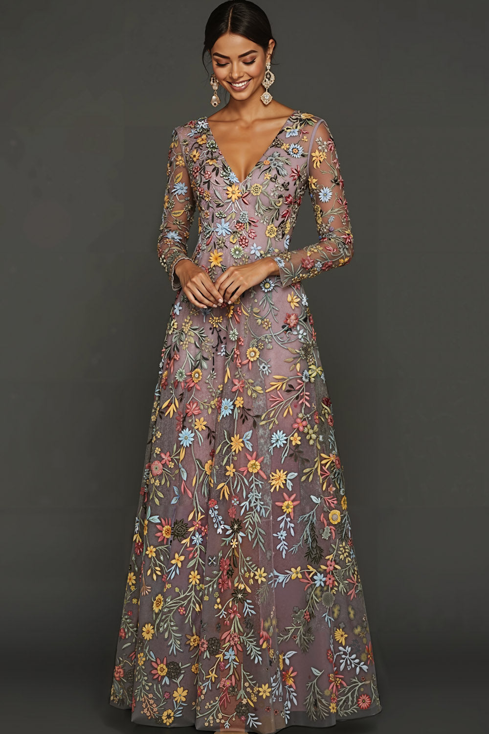 Leely Women Mauve Floral Long Prom Dress with Sleeves Embroidered V-Neck Gala Dress
