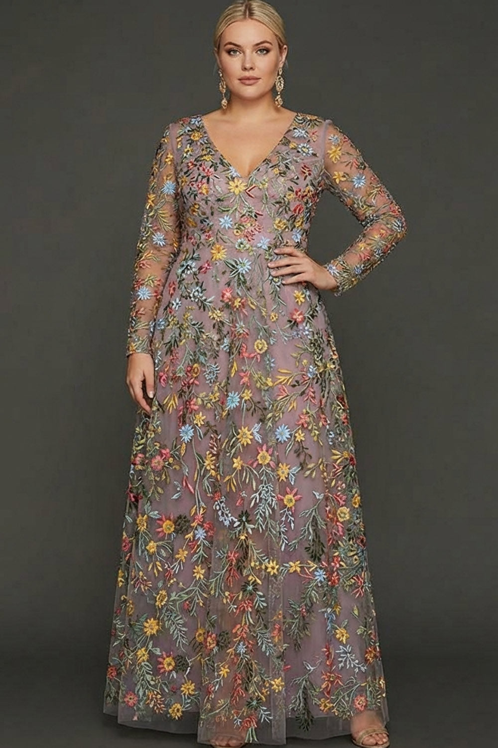 Plus Size Mauve Floral A Line Embroidered Long Sleeves Prom Dress