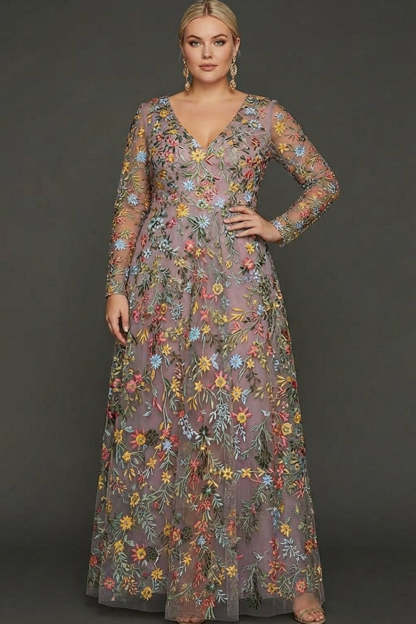 Leely Women Plus Size Mauve Floral Long Prom Dress with Sleeves Embroidered V-Neck Gala Dress