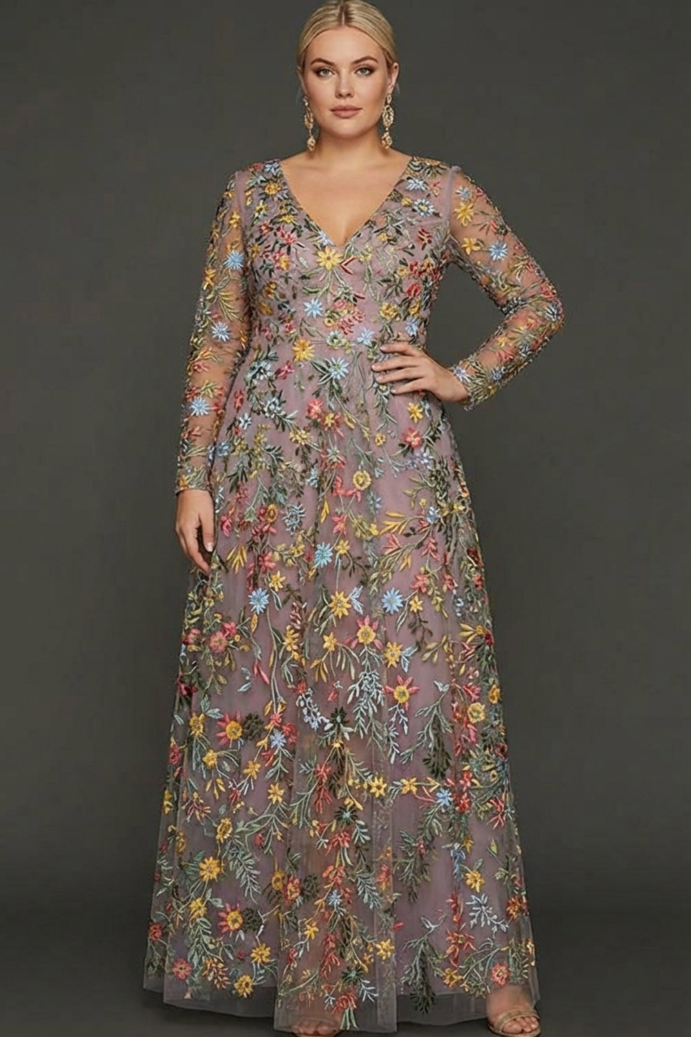 Mauve Floral A Line Embroidered Maxi Prom Dress with Sleeves