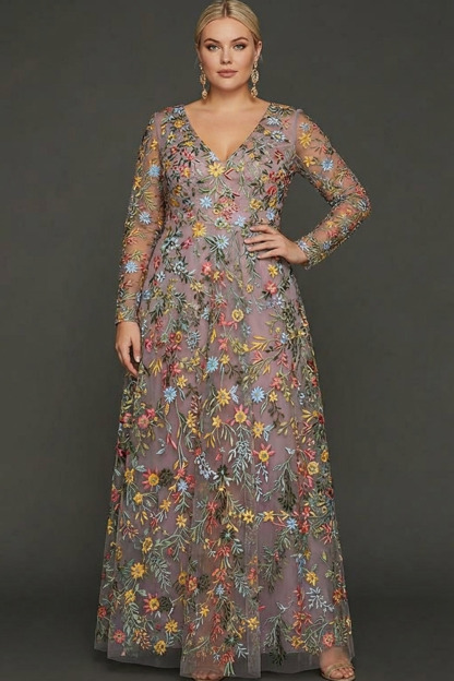 Mauve Floral A Line Embroidered Maxi Prom Dress with Sleeves