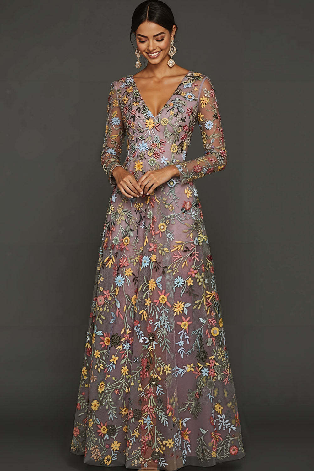 Leely Women Mauve Floral Long Prom Dress with Sleeves Embroidered V-Neck Gala Dress