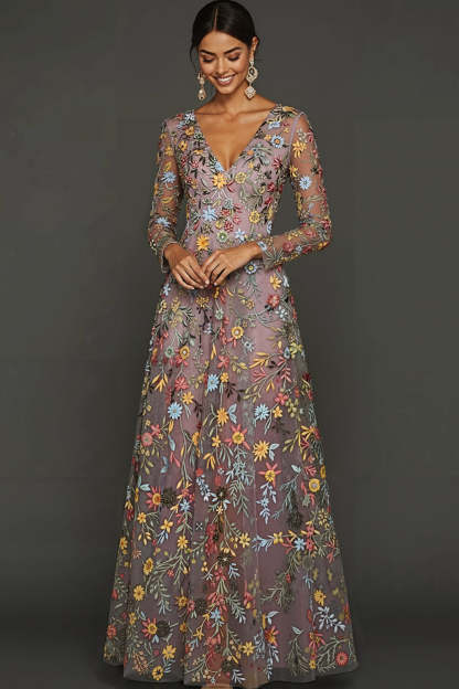 Leely Women Mauve Floral Long Prom Dress with Sleeves Embroidered V-Neck Gala Dress