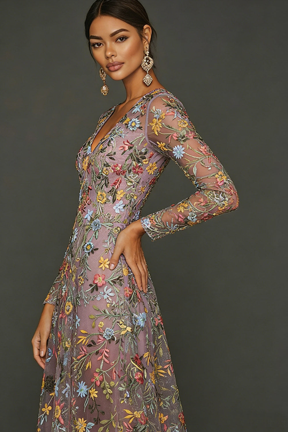 Mauve Floral A Line Embroidered Maxi Prom Dress with Sleeves