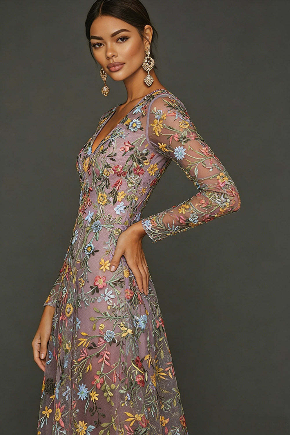 Mauve Floral A Line Embroidered Maxi Prom Dress with Sleeves