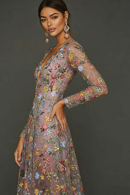 Mauve Floral A Line Embroidered Maxi Prom Dress with Sleeves