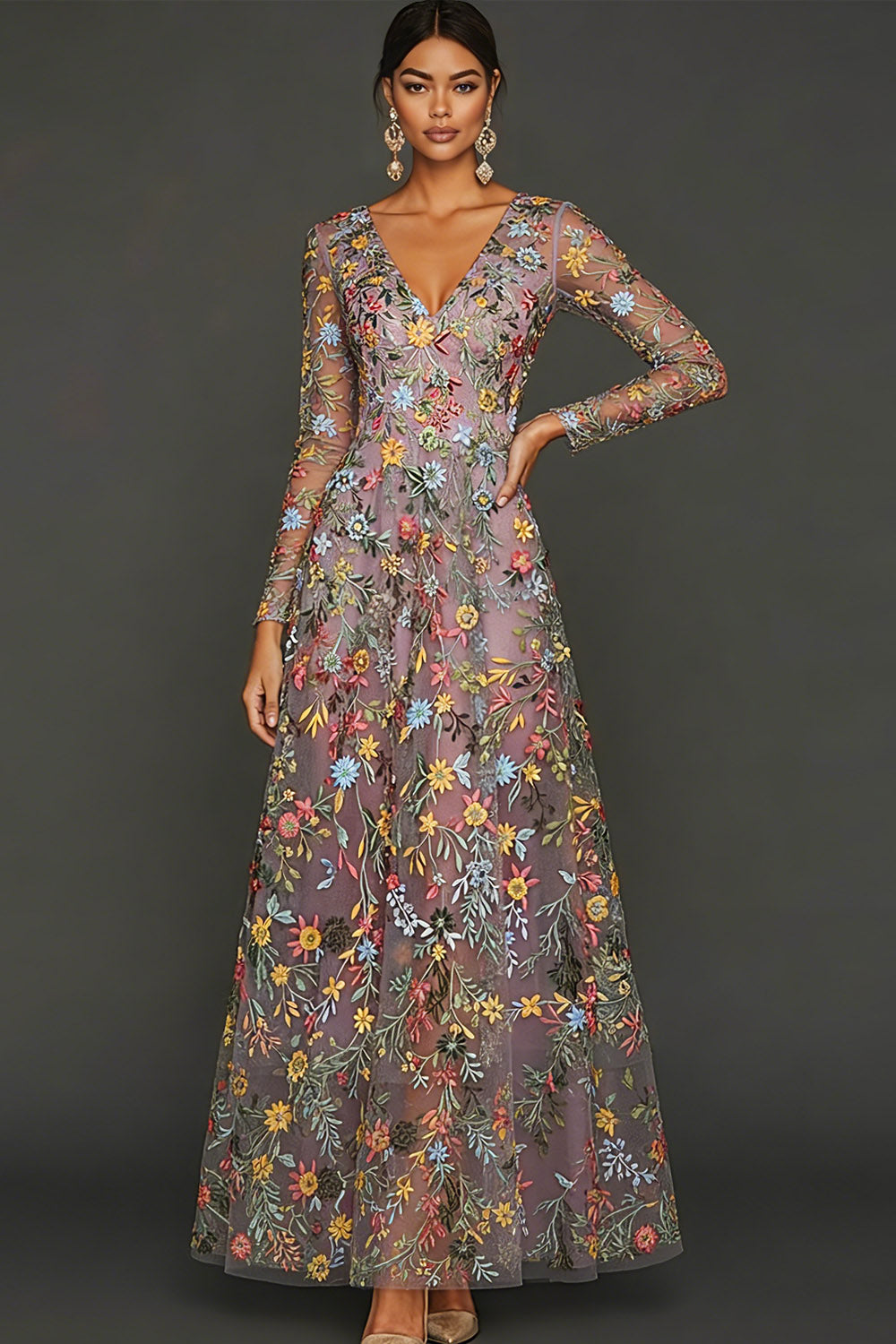 Mauve Floral A Line Embroidered Maxi Prom Dress with Sleeves