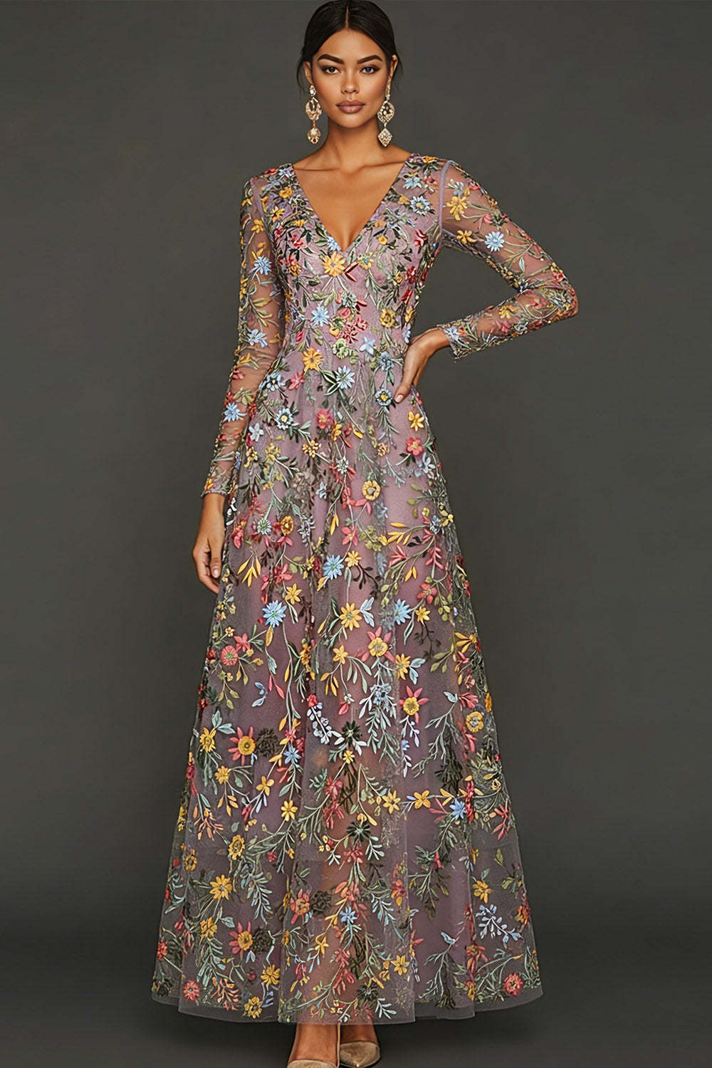 Mauve Floral A Line Embroidered Maxi Prom Dress with Sleeves