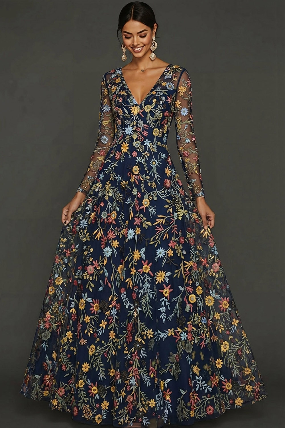 Mauve Floral A Line Embroidered Maxi Prom Dress with Sleeves