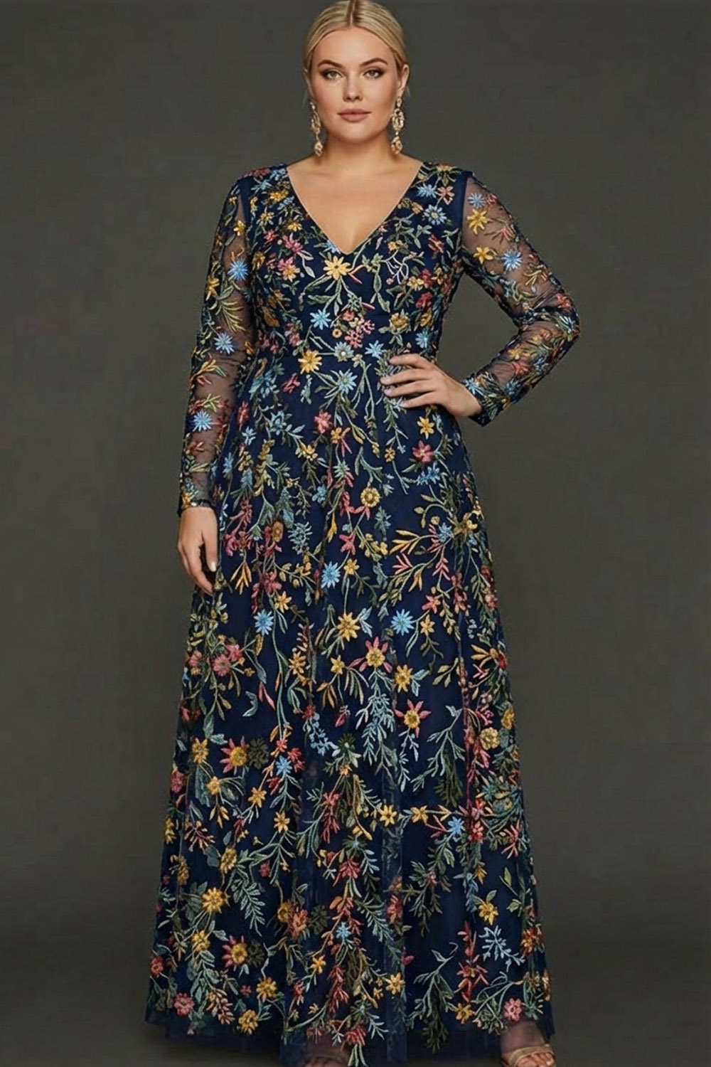 Plus Size Mauve Floral A Line Embroidered Long Sleeves Prom Dress