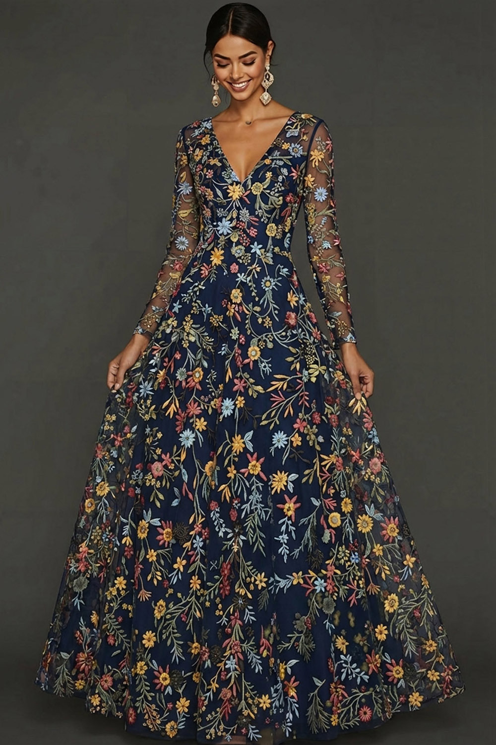 Mauve Floral A Line Embroidered Maxi Prom Dress with Sleeves
