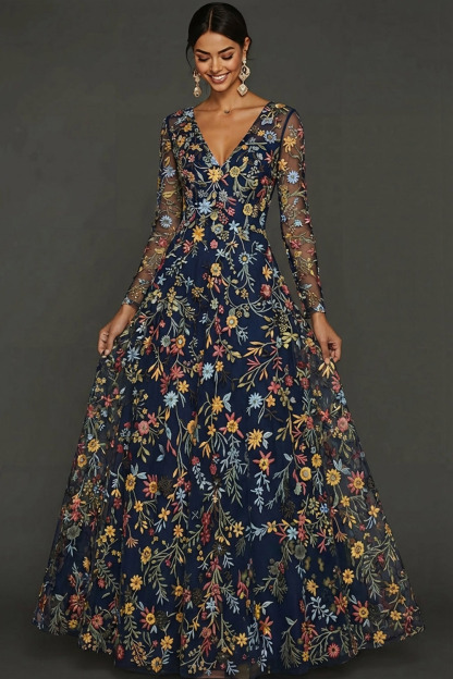 Mauve Floral A Line Embroidered Maxi Prom Dress with Sleeves