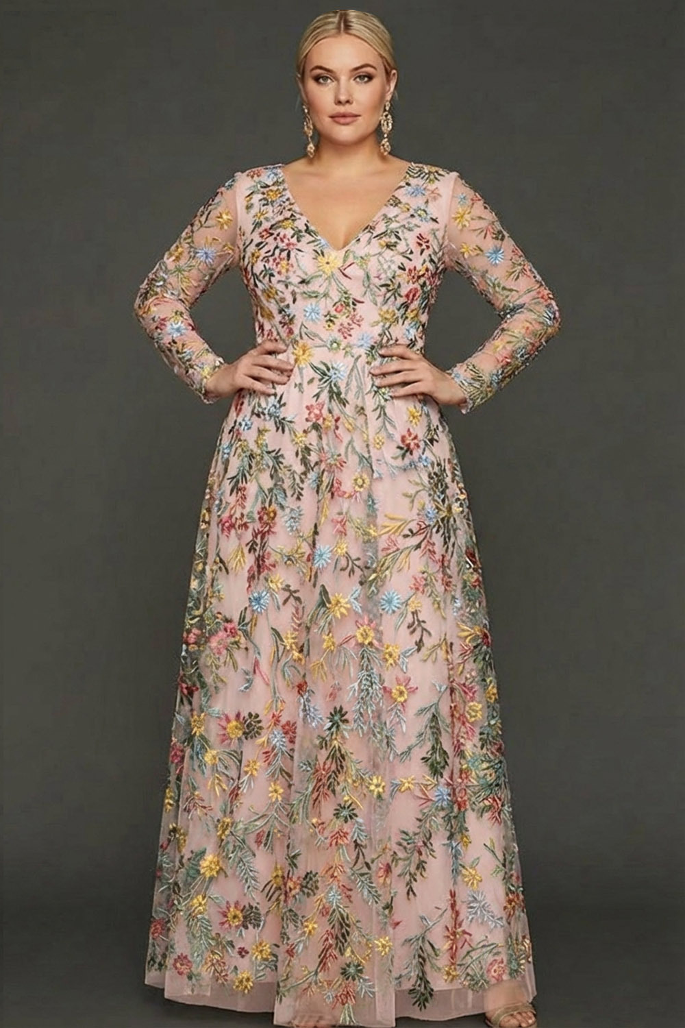 Plus Size Mauve Floral A Line Embroidered Long Sleeves Prom Dress