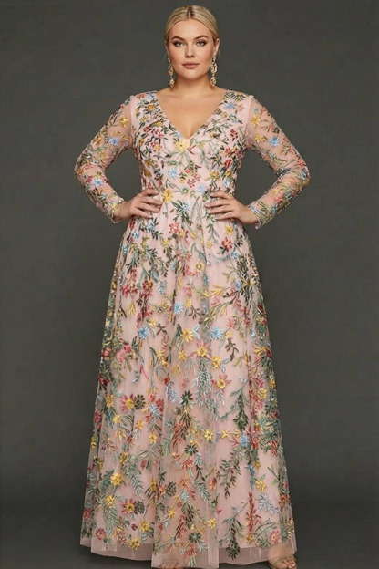 Plus Size Mauve Floral A Line Embroidered Long Sleeves Prom Dress