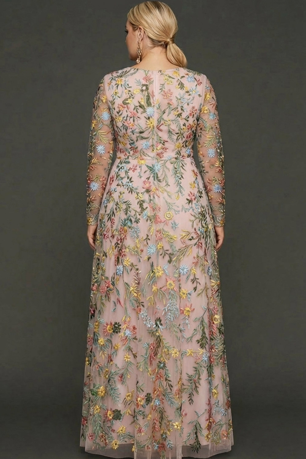 Plus Size Mauve Floral A Line Embroidered Long Sleeves Prom Dress