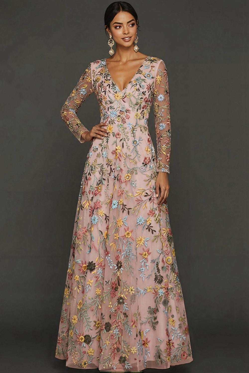 Mauve Floral A Line Embroidered Maxi Prom Dress with Sleeves