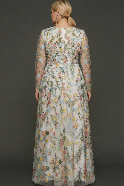 Plus Size Mauve Floral A Line Embroidered Long Sleeves Prom Dress