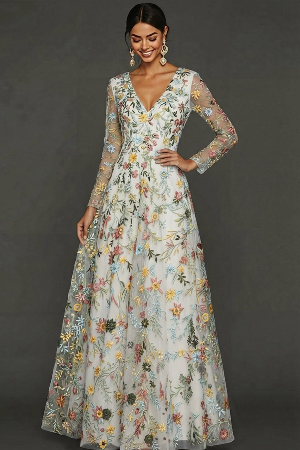 Mauve Floral A Line Embroidered Maxi Prom Dress with Sleeves