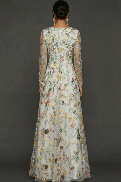 Mauve Floral A Line Embroidered Maxi Prom Dress with Sleeves