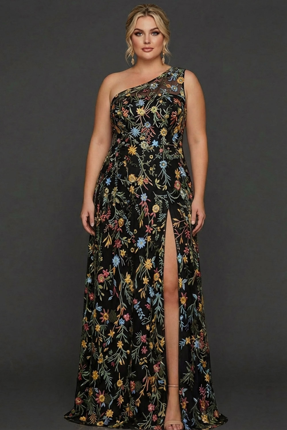 Plus Size Floral Mauve One Shoulder A Line Long Prom Dress with Embroidery