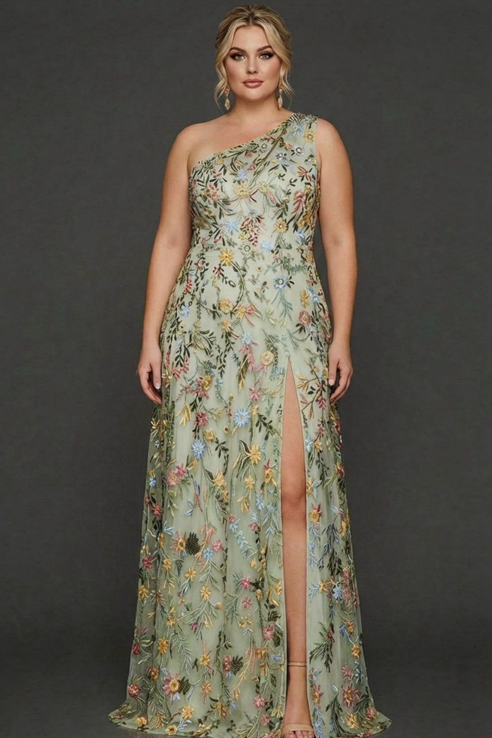 Plus Size Floral Mauve One Shoulder A Line Long Prom Dress with Embroidery