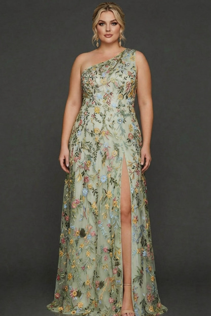 Plus Size Floral Mauve One Shoulder A Line Long Prom Dress with Embroidery