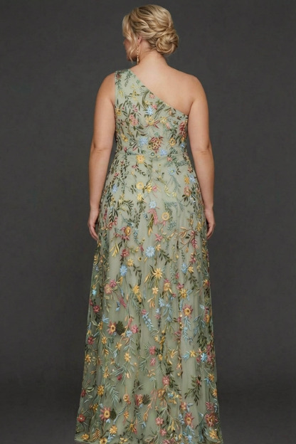 Plus Size Floral Mauve One Shoulder A Line Long Prom Dress with Embroidery