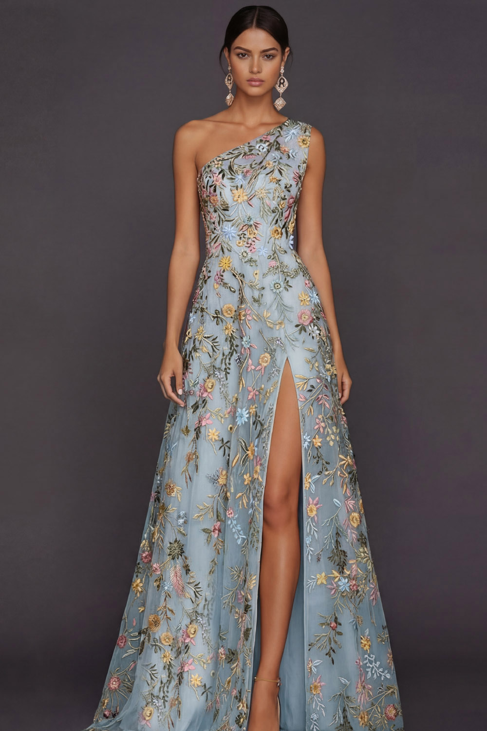 Floral Mauve One Shoulder A Line Long Prom Dress with Slit