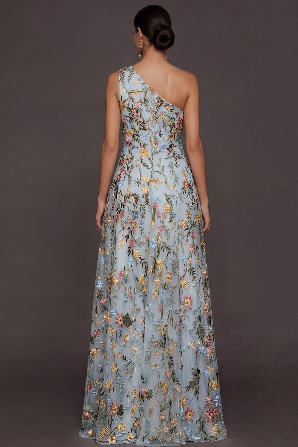 Floral Mauve One Shoulder A Line Long Prom Dress with Slit