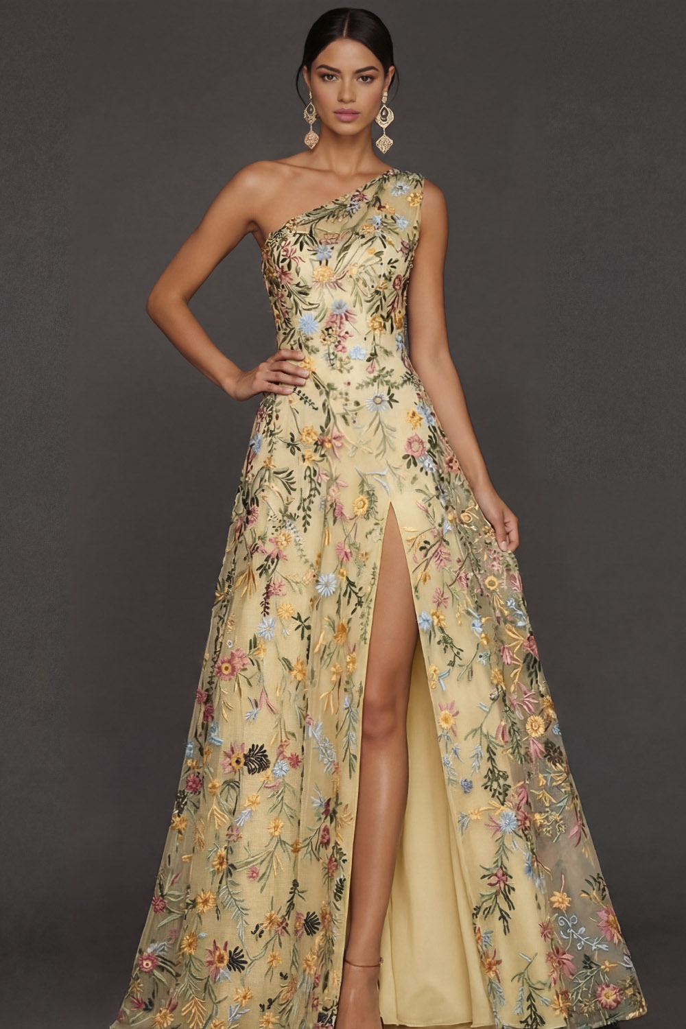 Floral Mauve One Shoulder A Line Long Prom Dress with Slit