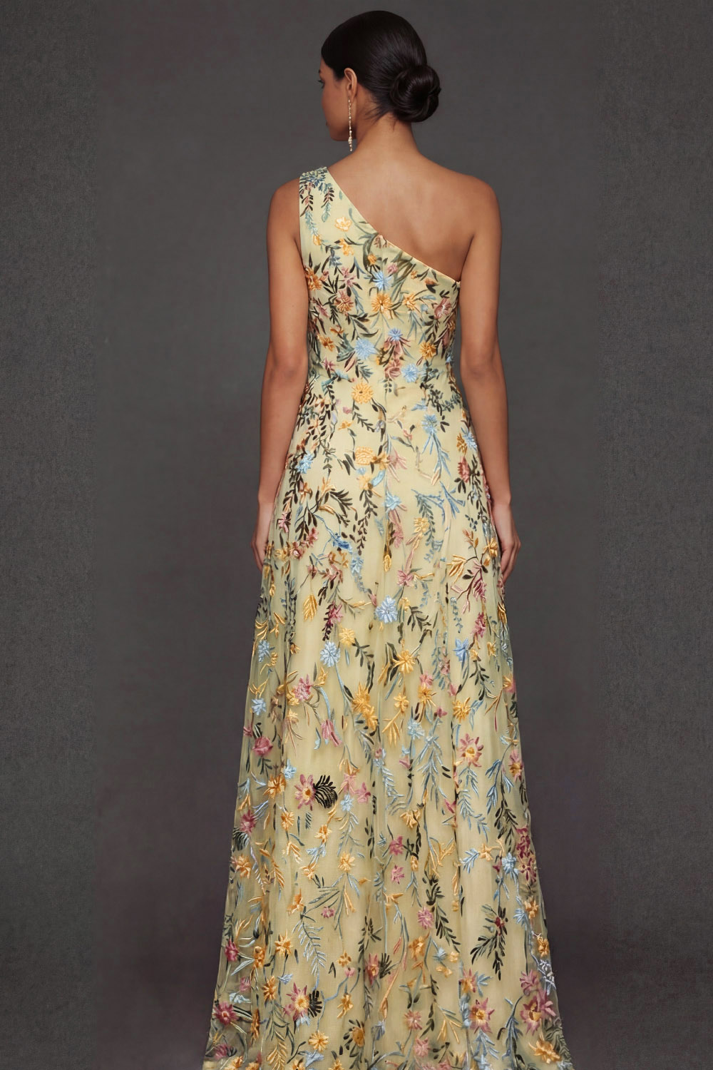 Floral Mauve One Shoulder A Line Long Prom Dress with Slit