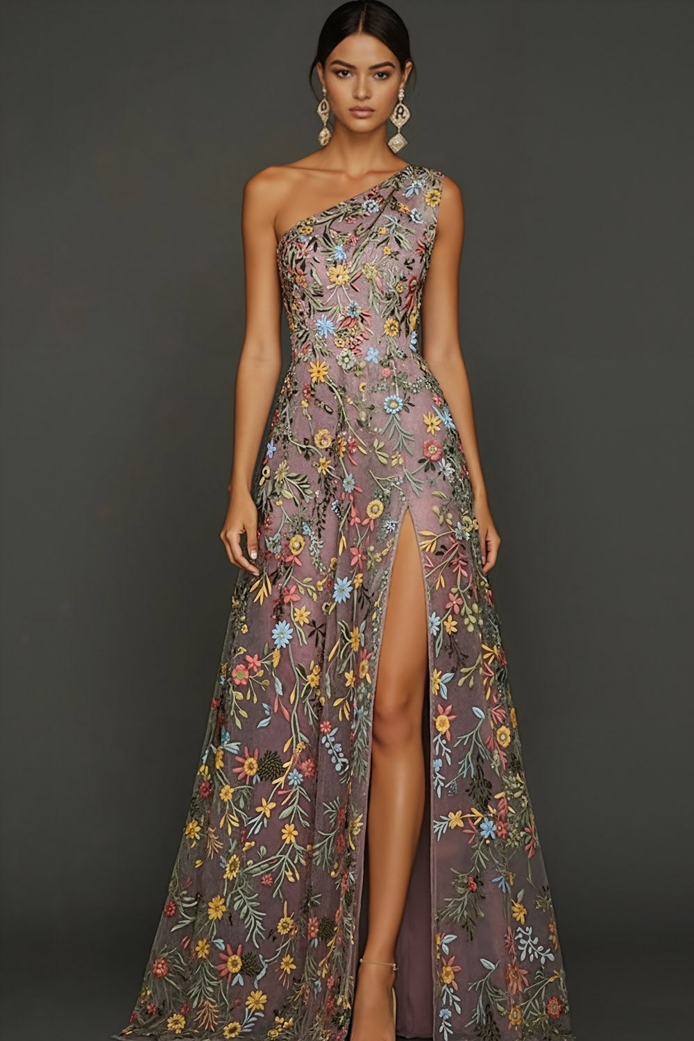 Leely Women Floral Mauve Long Prom Dress Embroidered One Shoulder A Line Gala Dress with Slit