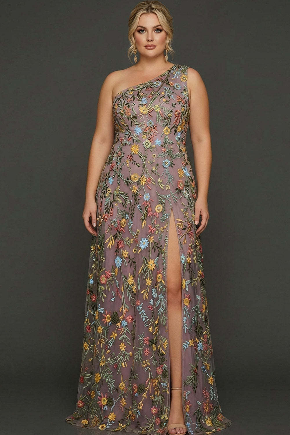 Plus Size Floral Mauve One Shoulder A Line Long Prom Dress with Embroidery
