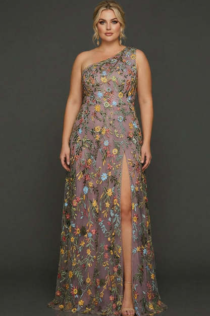 Plus Size Floral Mauve One Shoulder A Line Long Prom Dress with Embroidery