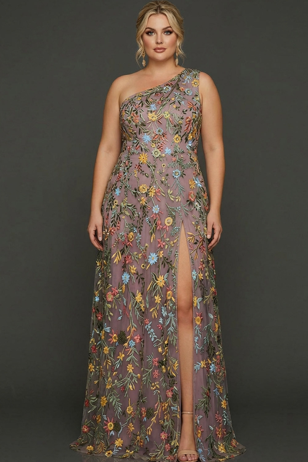 Floral Mauve One Shoulder A Line Long Prom Dress with Slit