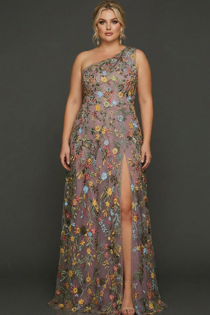 Floral Mauve One Shoulder A Line Long Prom Dress with Slit