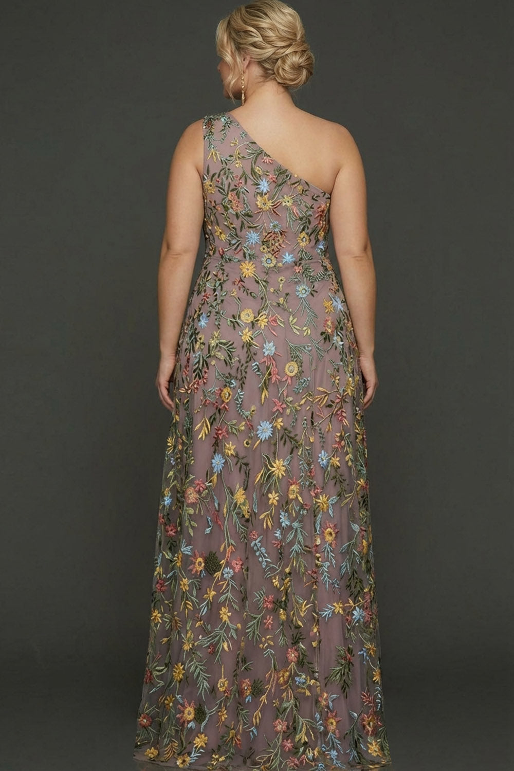Plus Size Floral Mauve One Shoulder A Line Long Prom Dress with Embroidery