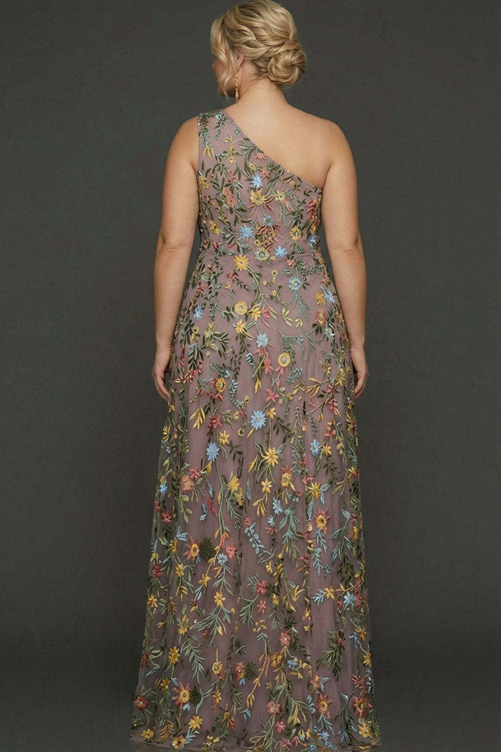Plus Size Floral Mauve One Shoulder A Line Long Prom Dress with Embroidery