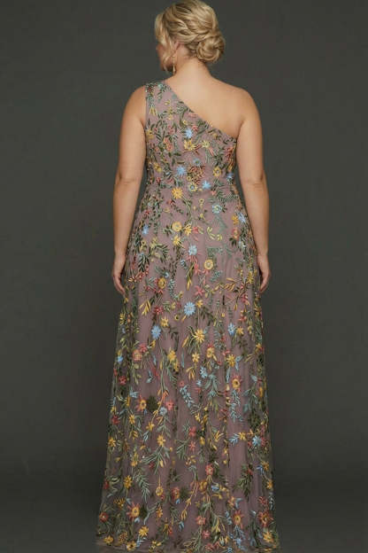 Plus Size Floral Mauve One Shoulder A Line Long Prom Dress with Embroidery