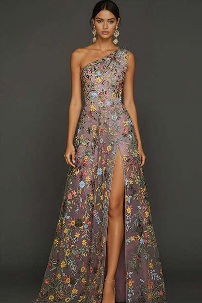Leely Women Floral Mauve Long Prom Dress Embroidered One Shoulder A Line Gala Dress with Slit