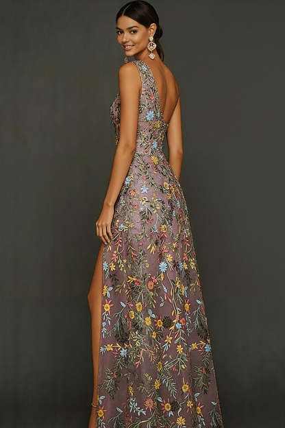 Floral Mauve One Shoulder A Line Long Prom Dress with Slit