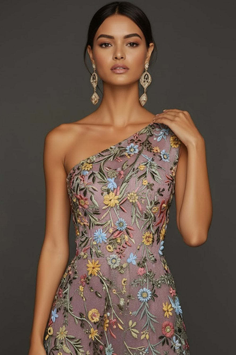 Floral Mauve One Shoulder A Line Long Prom Dress with Slit